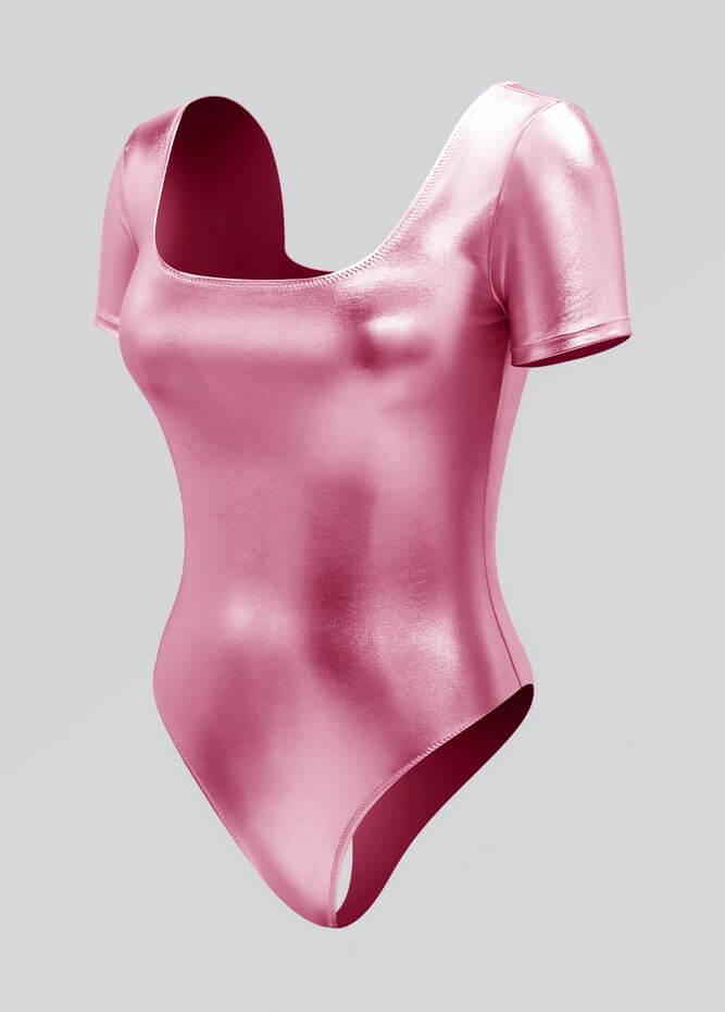 Womens Metallic Short Sleeve Thong Leotard