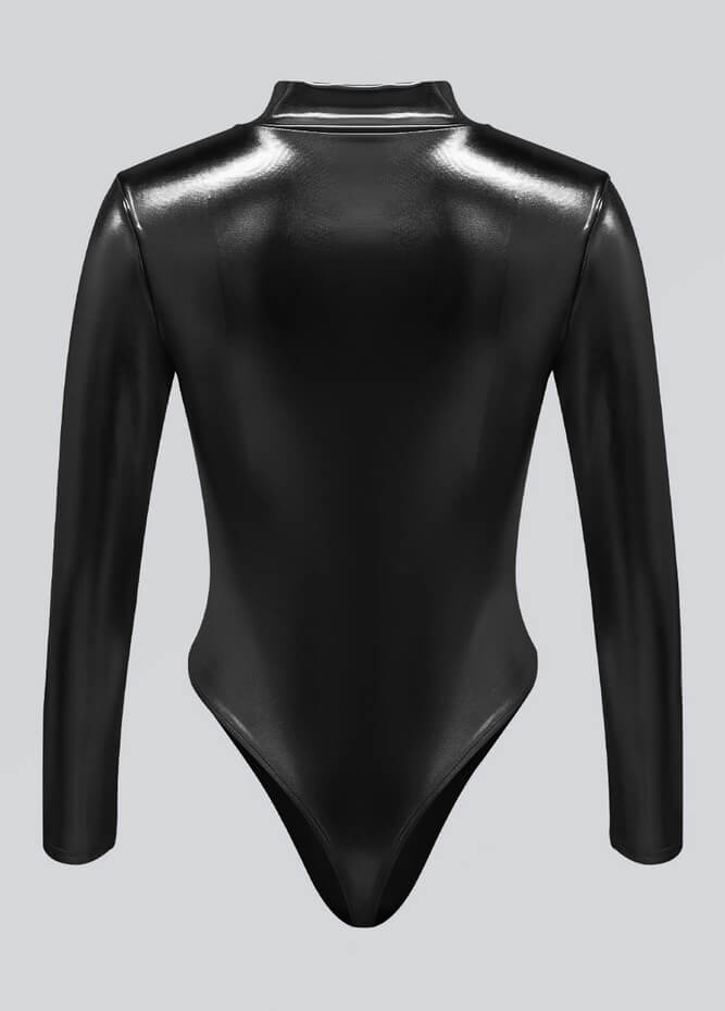 Womens Metallic Zip Front Thong Leotard