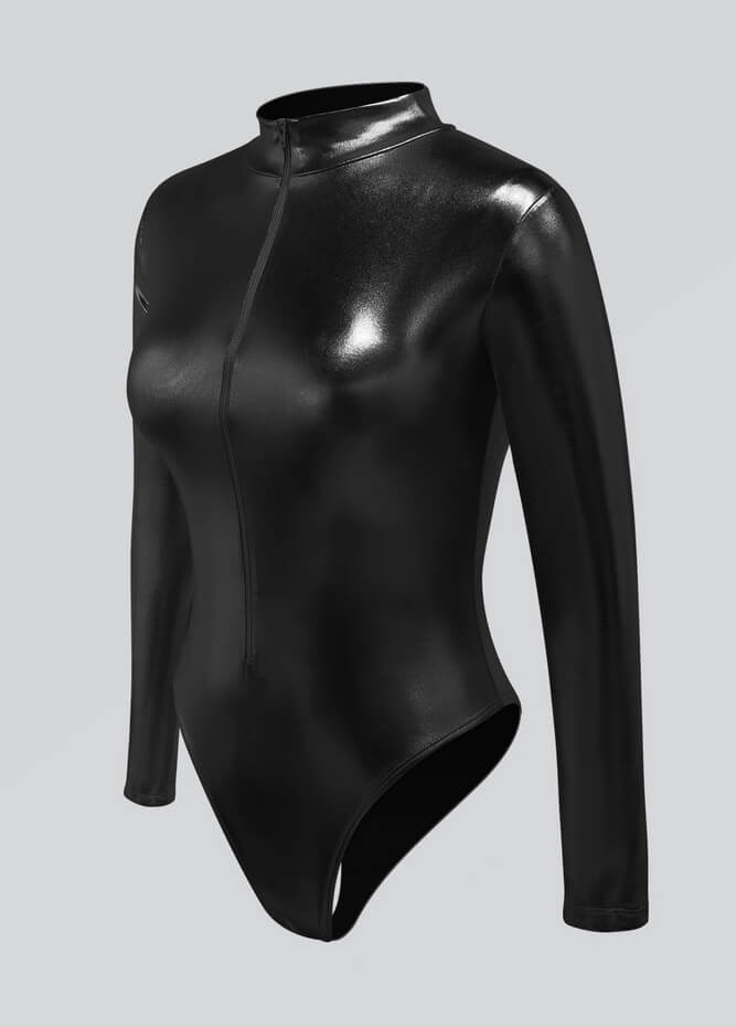 Womens Metallic Zip Front Thong Leotard