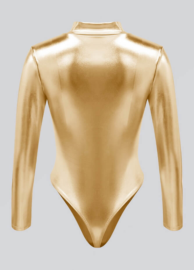 Womens Metallic Zip Front Thong Leotard