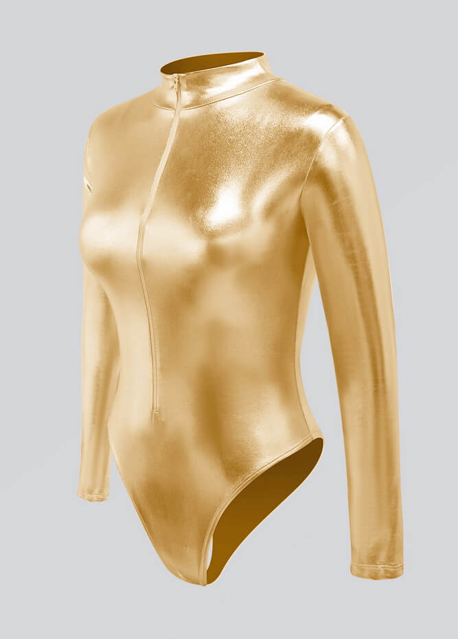 Womens Metallic Zip Front Thong Leotard