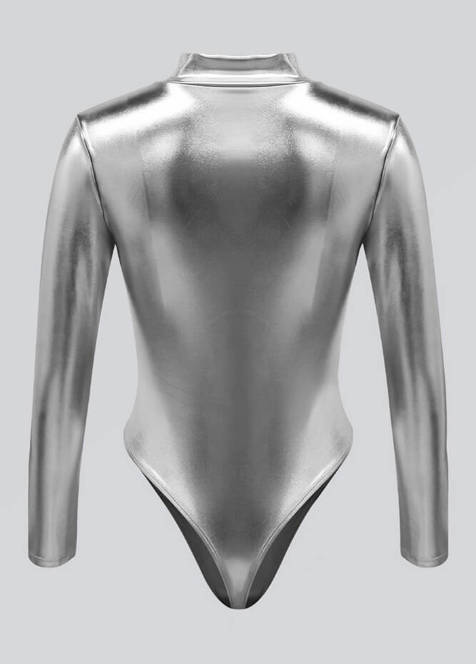 Womens Metallic Zip Front Thong Leotard