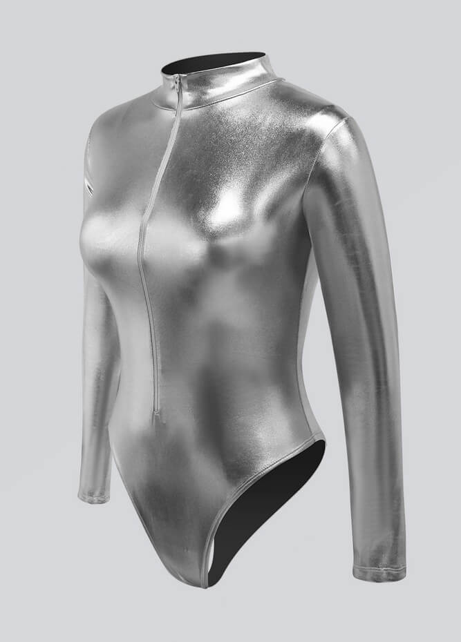 Womens Metallic Zip Front Thong Leotard