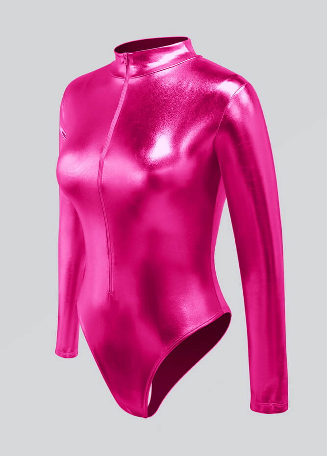 Womens Metallic Zip Front Thong Leotard