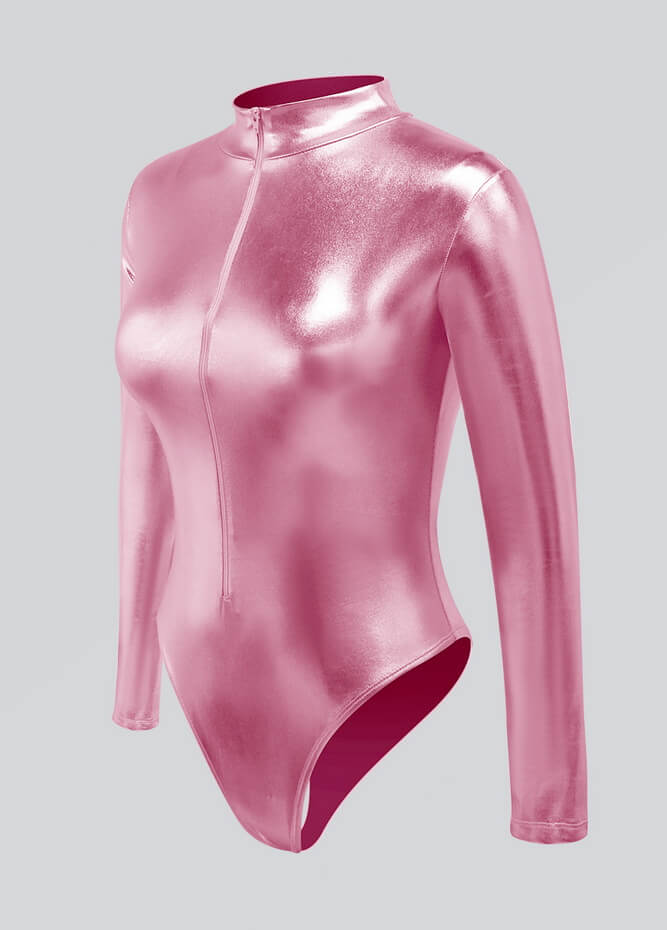 Womens Metallic Zip Front Thong Leotard