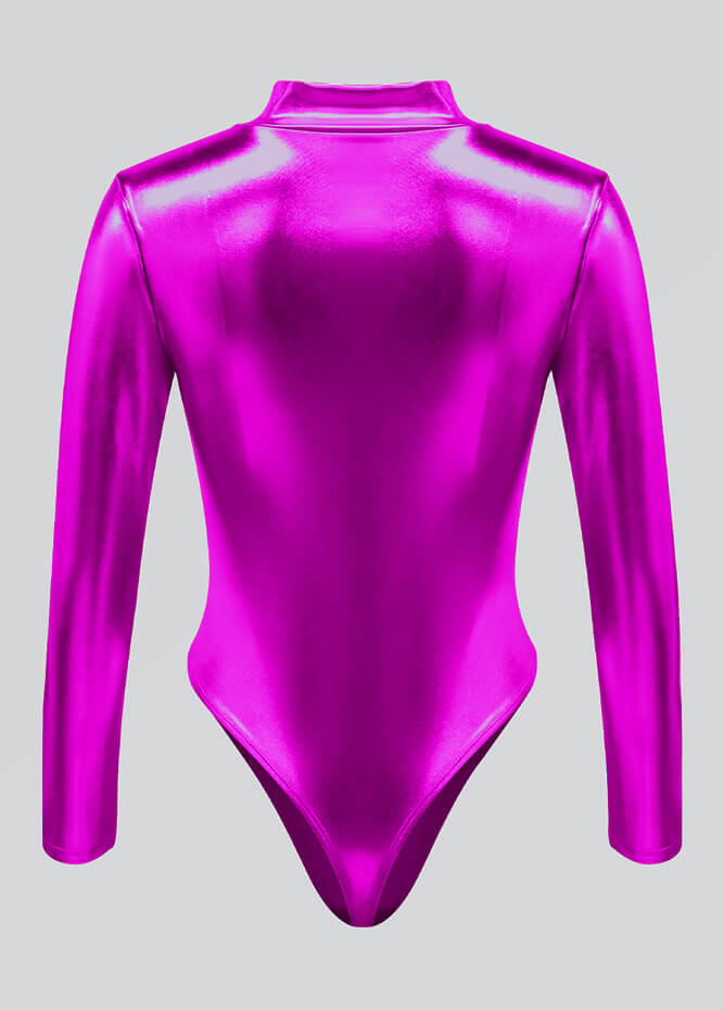 Womens Metallic Zip Front Thong Leotard