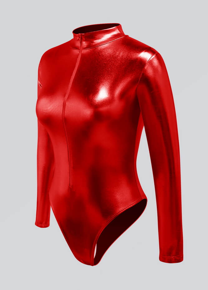 Womens Metallic Zip Front Thong Leotard