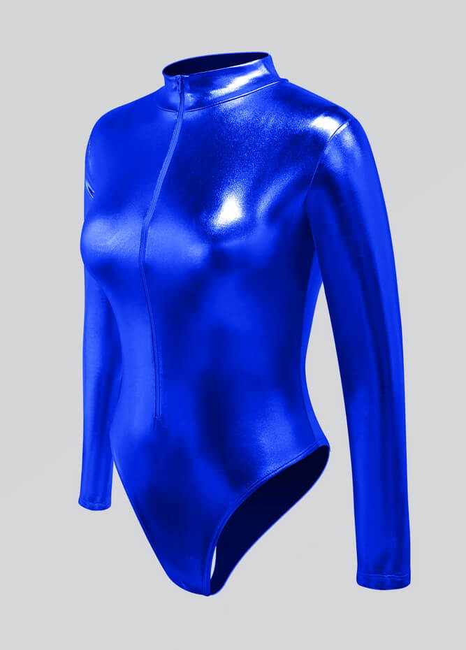 Womens Metallic Zip Front Thong Leotard