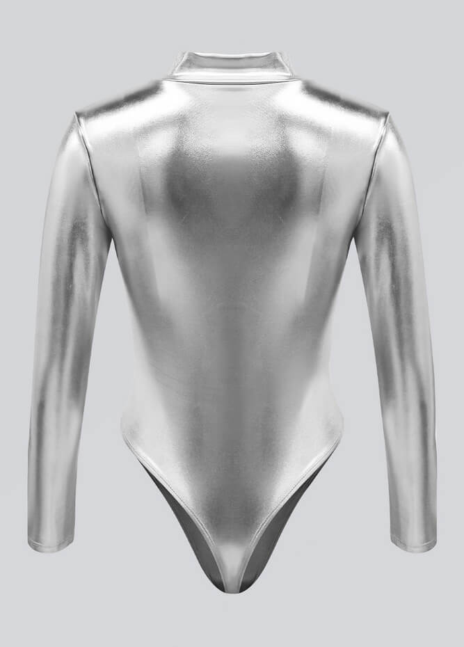 Womens Metallic Zip Front Thong Leotard