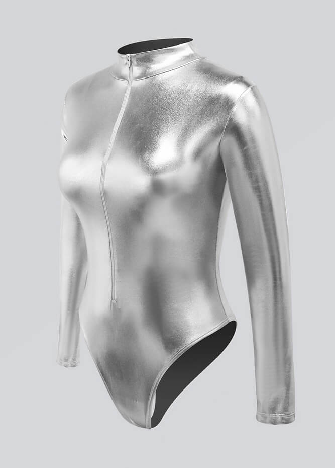 Womens Metallic Zip Front Thong Leotard