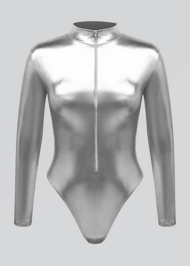 Womens Metallic Zip Front Thong Leotard