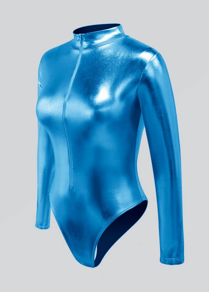 Womens Metallic Zip Front Thong Leotard