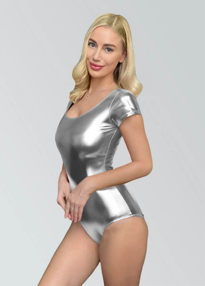 Womens Shiny Metallic Short Sleeve Leotard