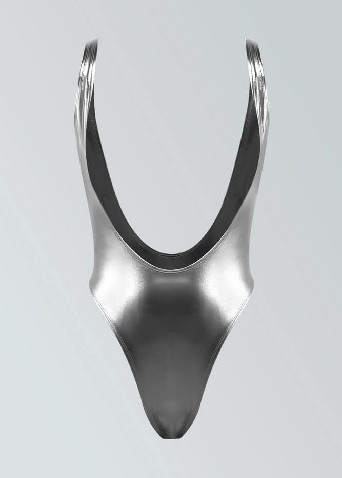 Womens Shiny Metallic Suspender Thong Leotard