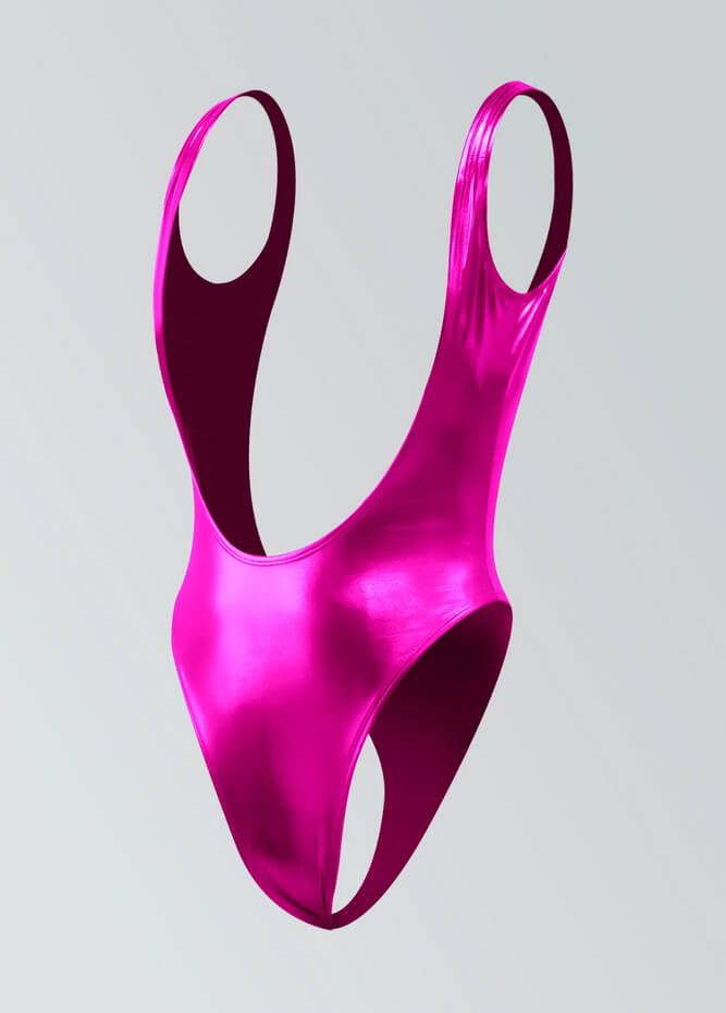 A pink shiny metallic thong leotard with suspender straps.