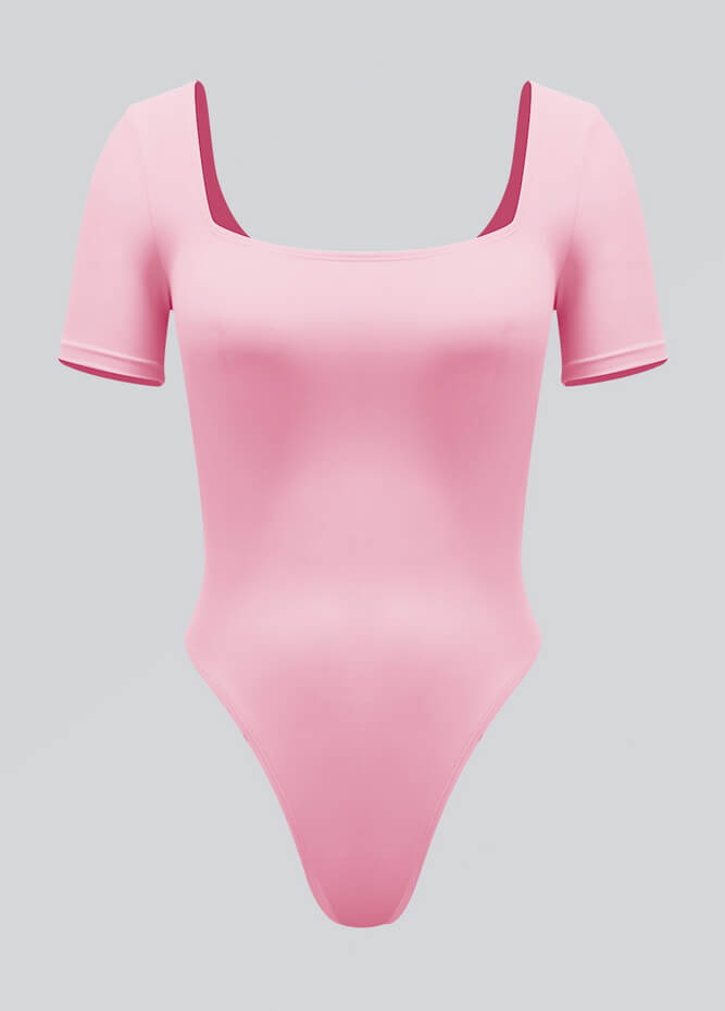 Womens Short Sleeve Square Neck Thong Bodysuit