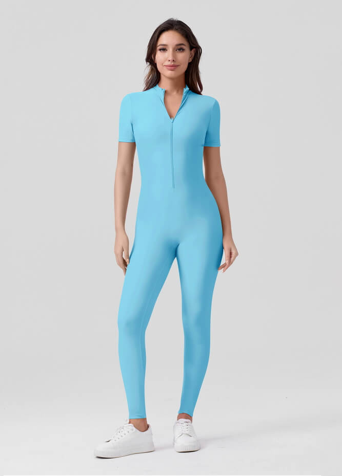 Womens Short Sleeve Zip Front Unitard