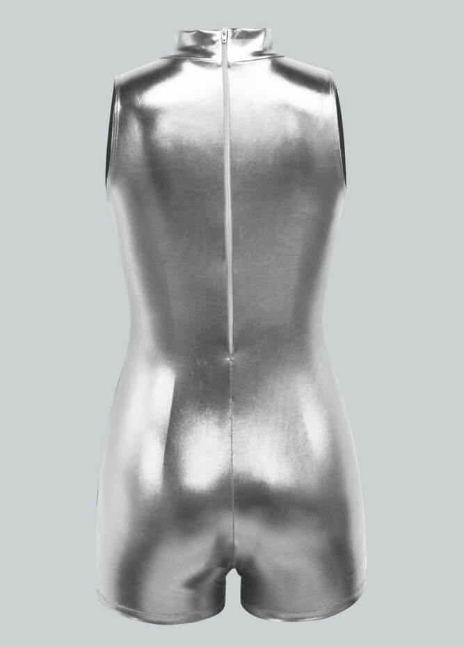 Womens Sleeveless Mock Neck Shiny Metallic Romper