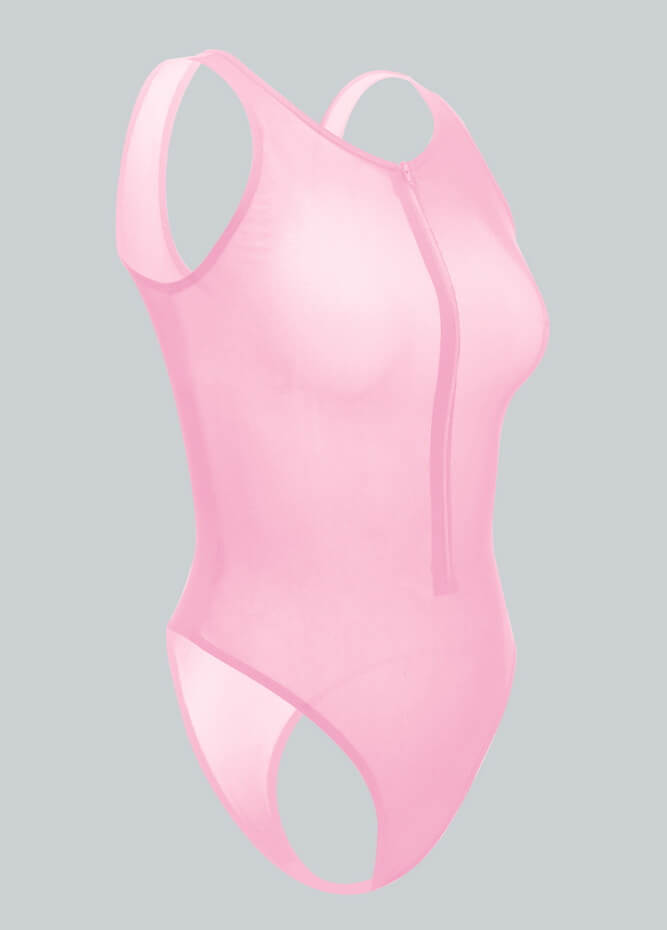 Womens Sleeveless Zip Front Sheer Mesh Bodysuit