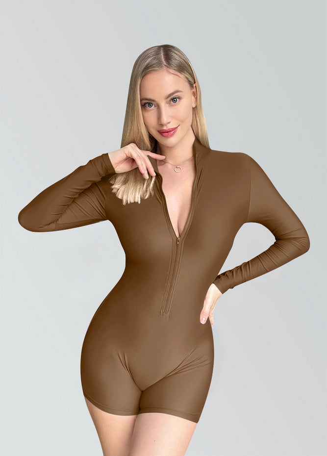 Zip Front One Piece Spandex Romper Bodysuit