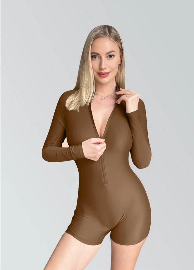 Zip Front One Piece Spandex Romper Bodysuit