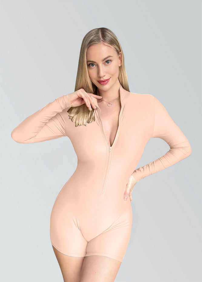 Zip Front One Piece Spandex Romper Bodysuit