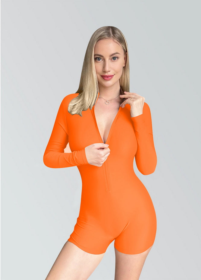 Zip Front One Piece Spandex Romper Bodysuit
