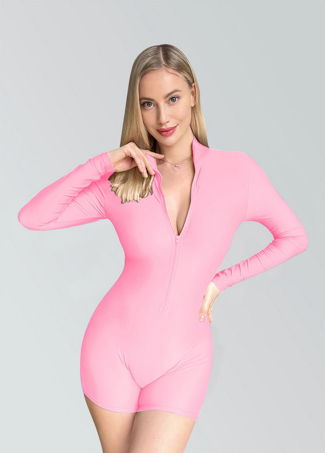 Zip Front One Piece Spandex Romper Bodysuit