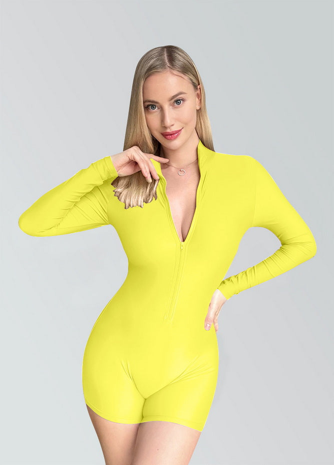 Zip Front One Piece Spandex Romper Bodysuit