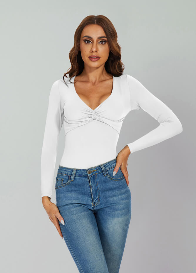 Long Sleeve V Neck Thong Bodysuit