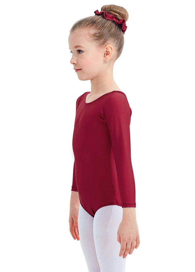 Girls Maroon Roundneck Long Sleeve Leotard