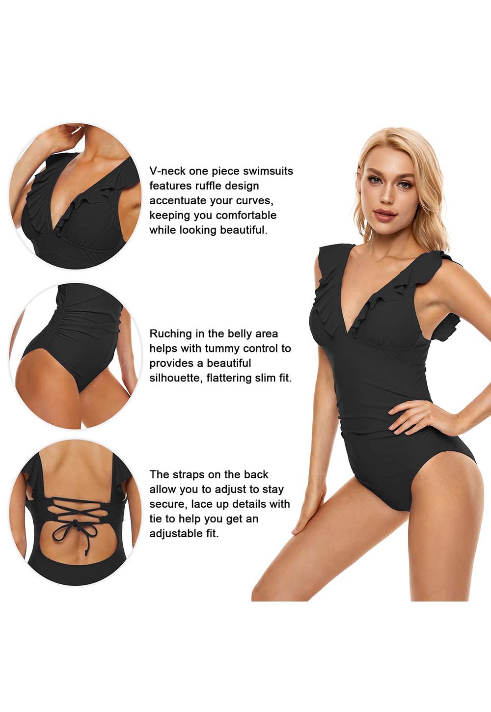 black ruffle one piece swimsuit