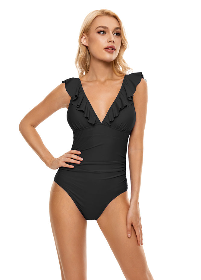 black ruffle one piece swimsuit