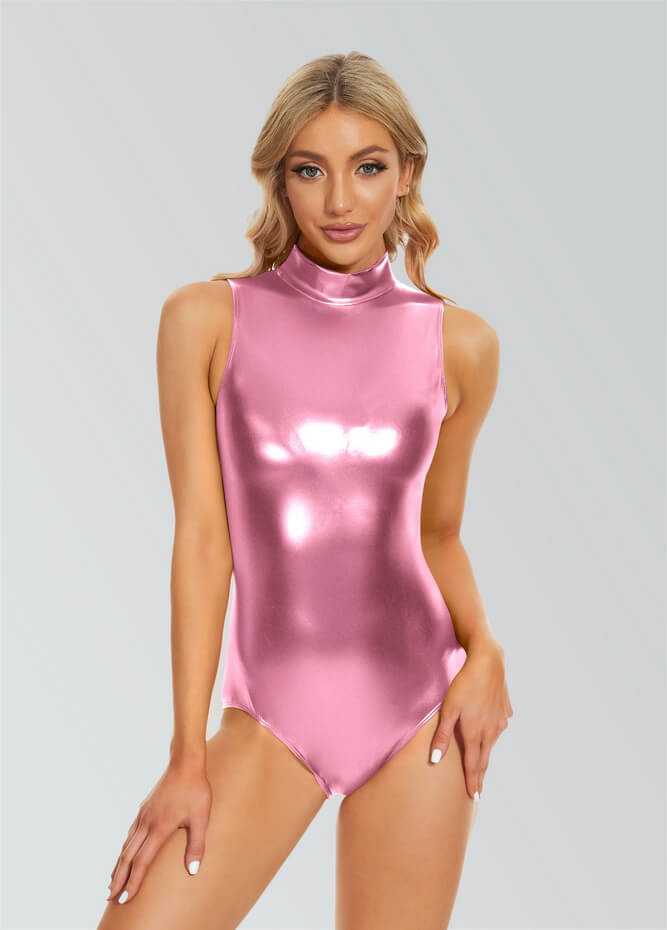 Womens Shiny Metallic Sleveless Mock Turtleneck Leotard