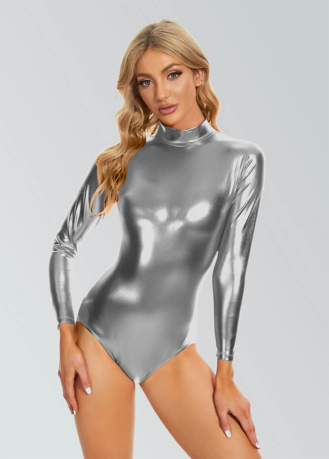 Shiny Metallic Long Sleeve Mock Turtleneck Leotard