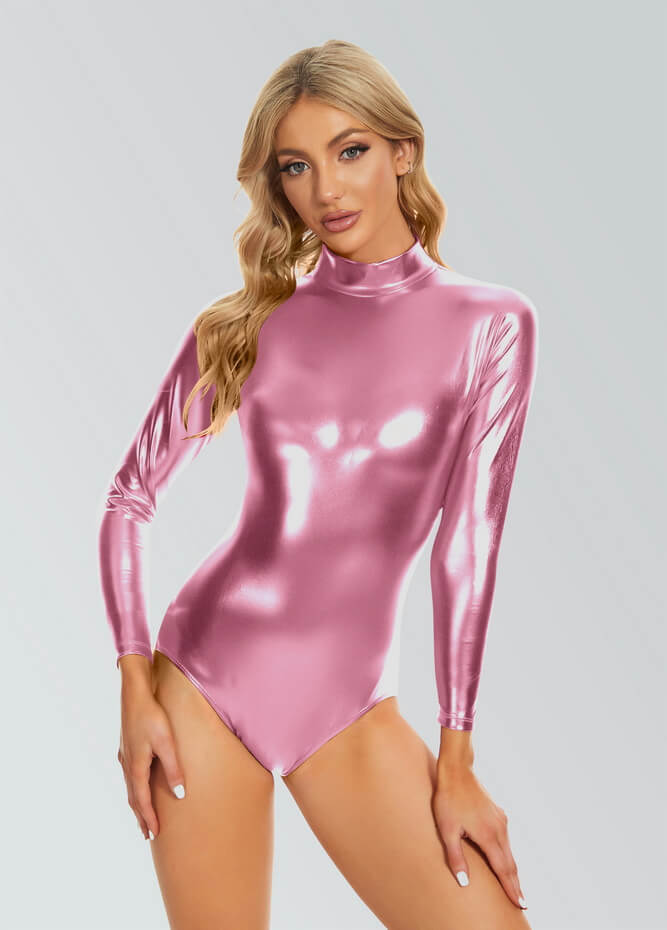Shiny Metallic Long Sleeve Mock Turtleneck Leotard
