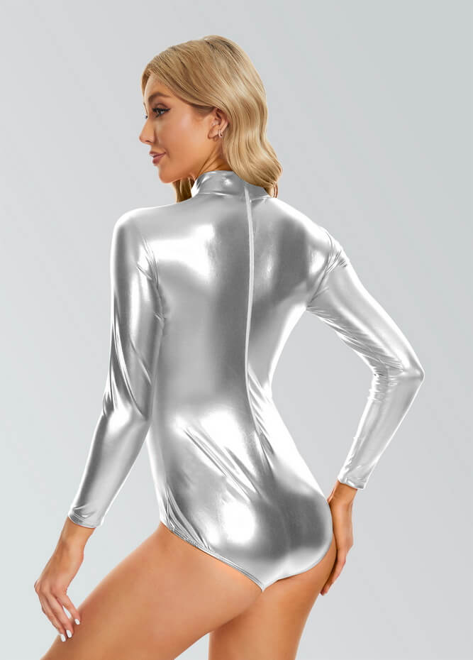 Shiny Metallic Long Sleeve Mock Turtleneck Leotard