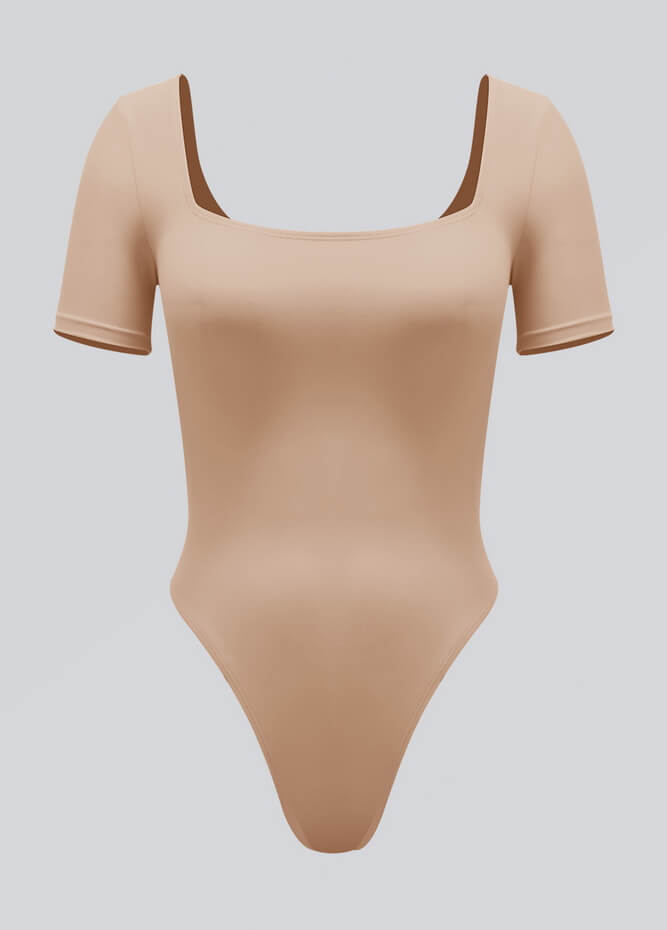 Womens Short Sleeve Square Neck Thong Bodysuit