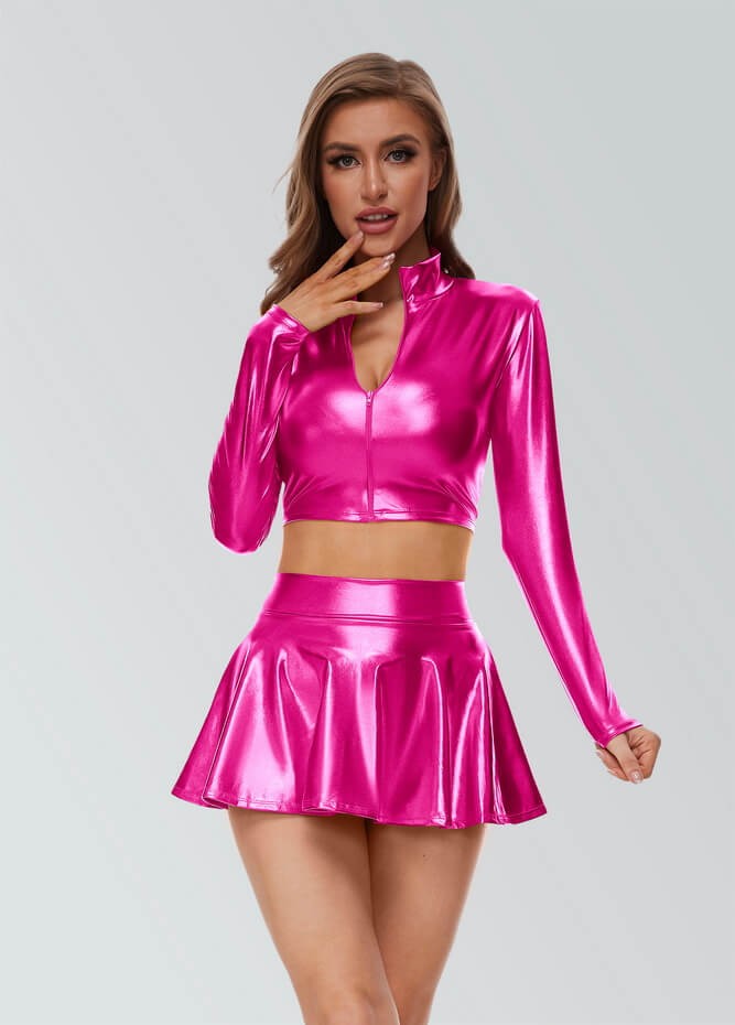 Pleated Shiny Metallic Skater Mini Skirt