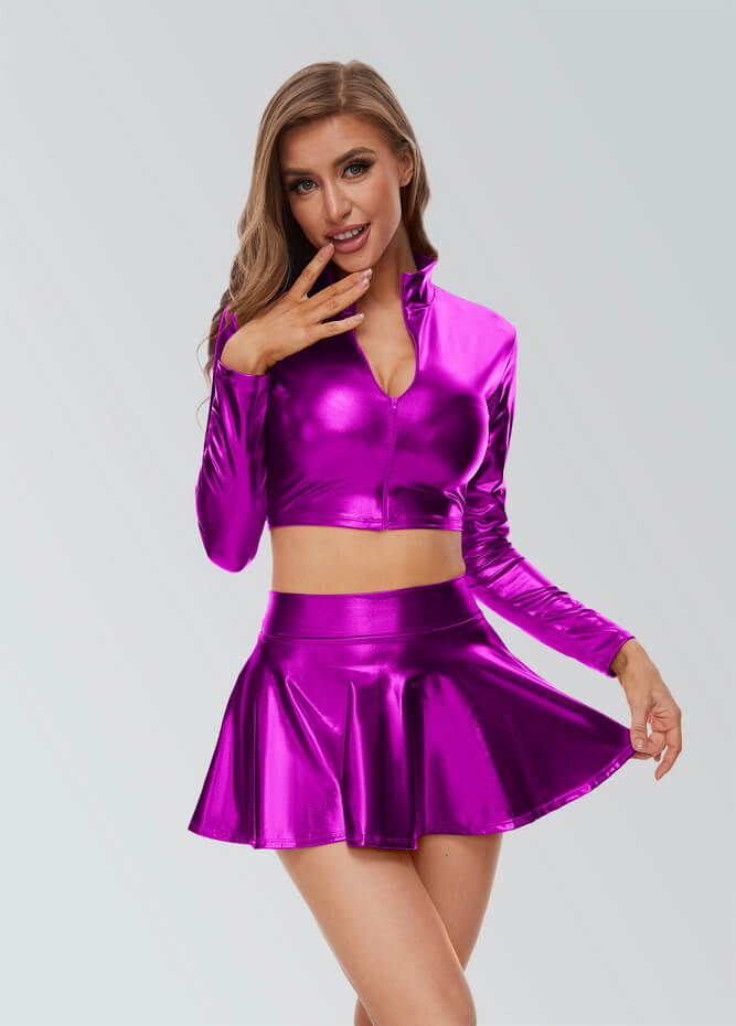 Pleated Shiny Metallic Skater Mini Skirt