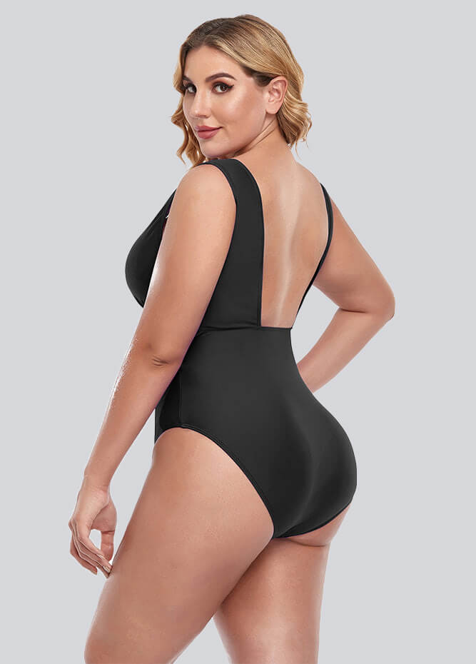 Womens Plus Size Retro V-neck One Piece Swimsuit