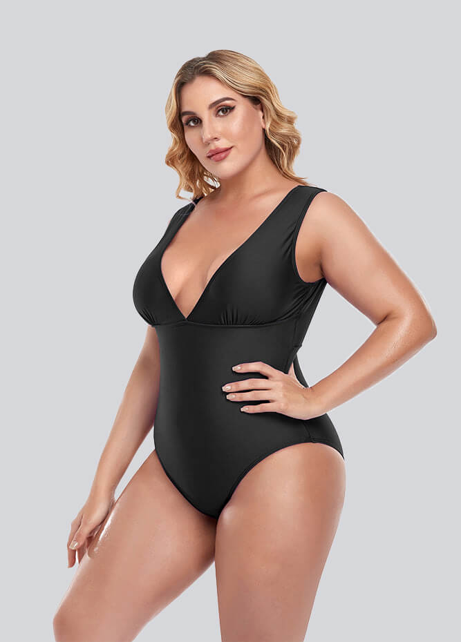 Womens Plus Size Retro V-neck One Piece Swimsuit