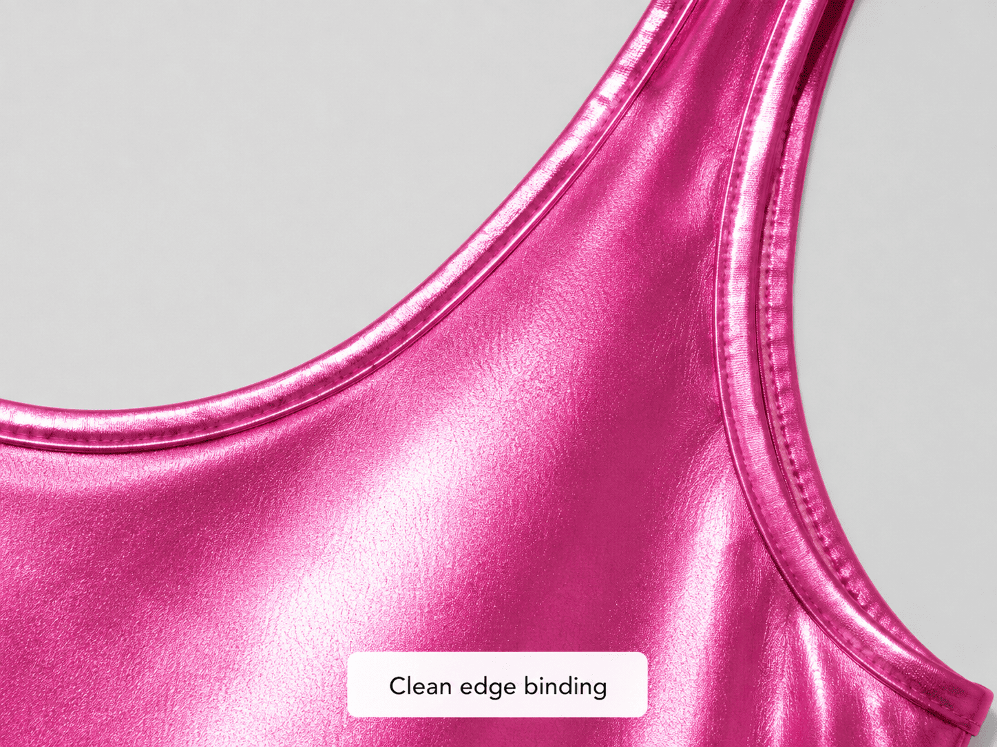Close-up of the clean edge binding on the High Cut Thong Shiny Metallic Leotard
