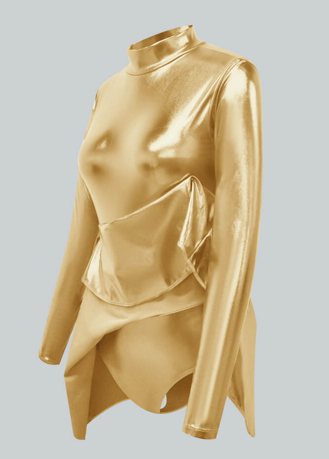 Long Sleeve Turtleneck Shiny Metallic A-Line Flared Dress