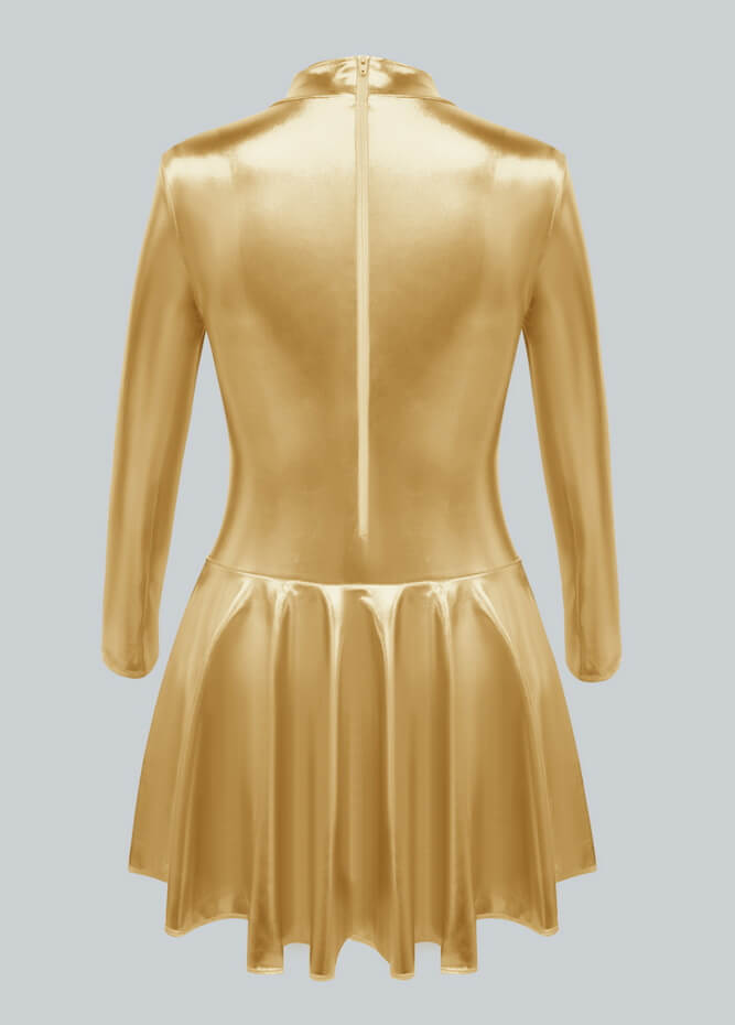 Long Sleeve Turtleneck Shiny Metallic A-Line Flared Dress