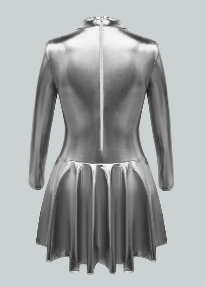 Long Sleeve Turtleneck Shiny Metallic A-Line Flared Dress
