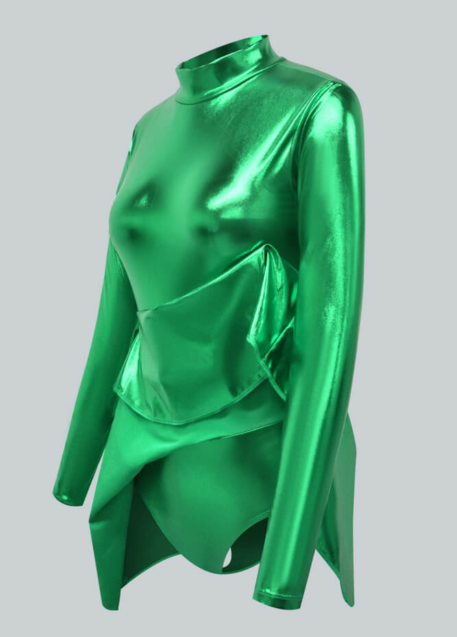 Long Sleeve Turtleneck Shiny Metallic A-Line Flared Dress