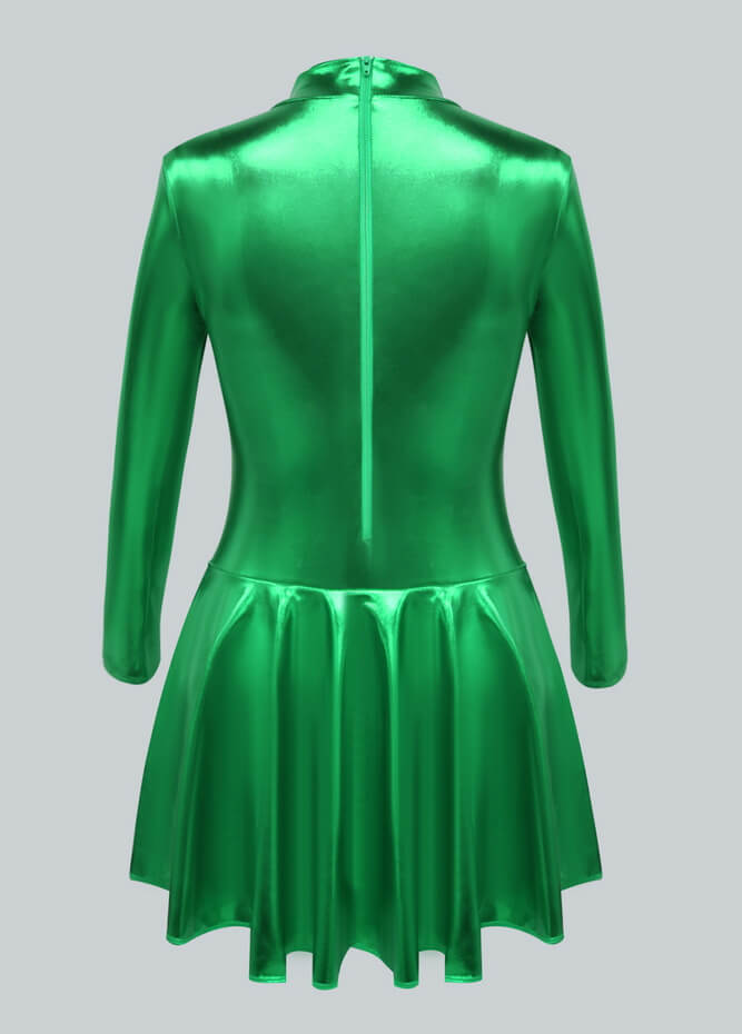 Long Sleeve Turtleneck Shiny Metallic A-Line Flared Dress