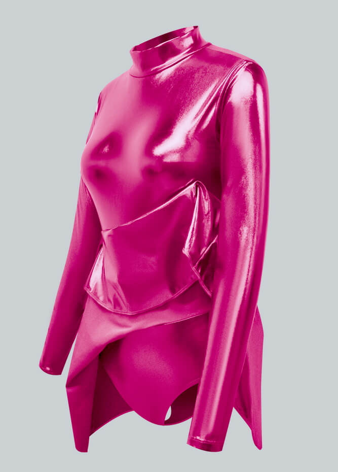 Long Sleeve Turtleneck Shiny Metallic A-Line Flared Dress