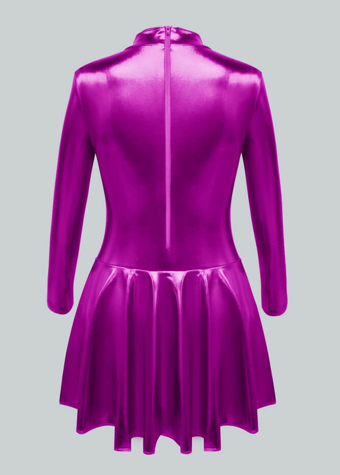 Long Sleeve Turtleneck Shiny Metallic A-Line Flared Dress